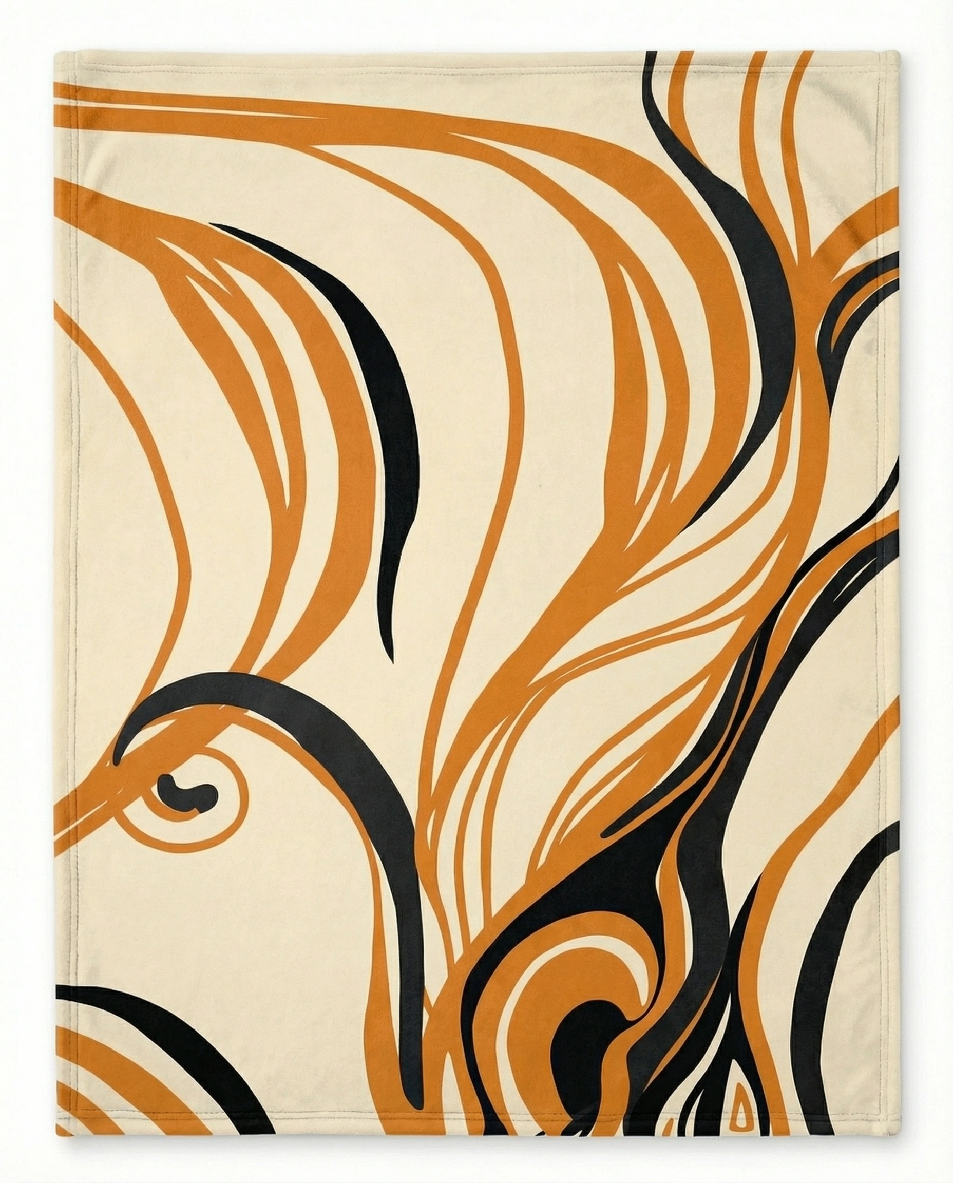 Back view of a white fleece blanket featuring flowing orange and black abstract line patterns, highlighting bold contrast and contemporary design