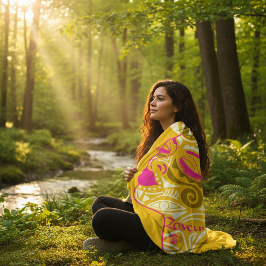 A woman with long dark hair sits cross-legged on a mossy forest floor next to a flowing stream. She is wrapped in a vibrant yellow blanket featuring pink and white abstract eye motifs and the "Zaveur" logo, with warm sunlight filtering through the trees in the background.