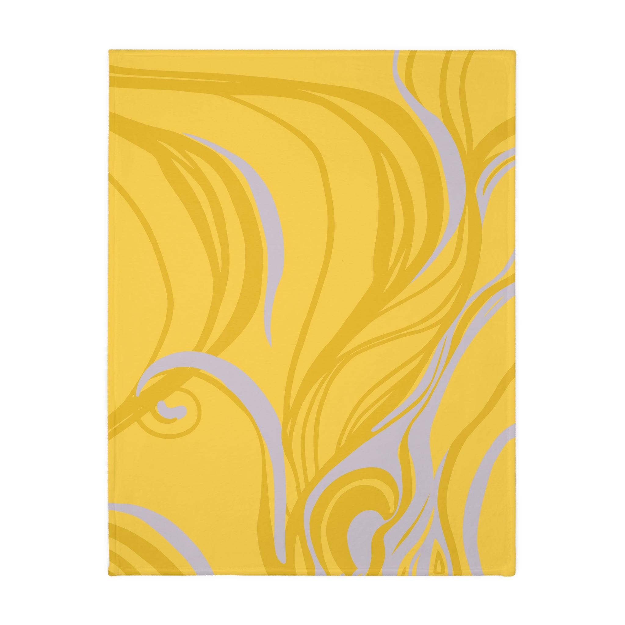 Yellow side of a reversible abstract art fleece blanket with flowing organic line patterns in soft neutral tones.