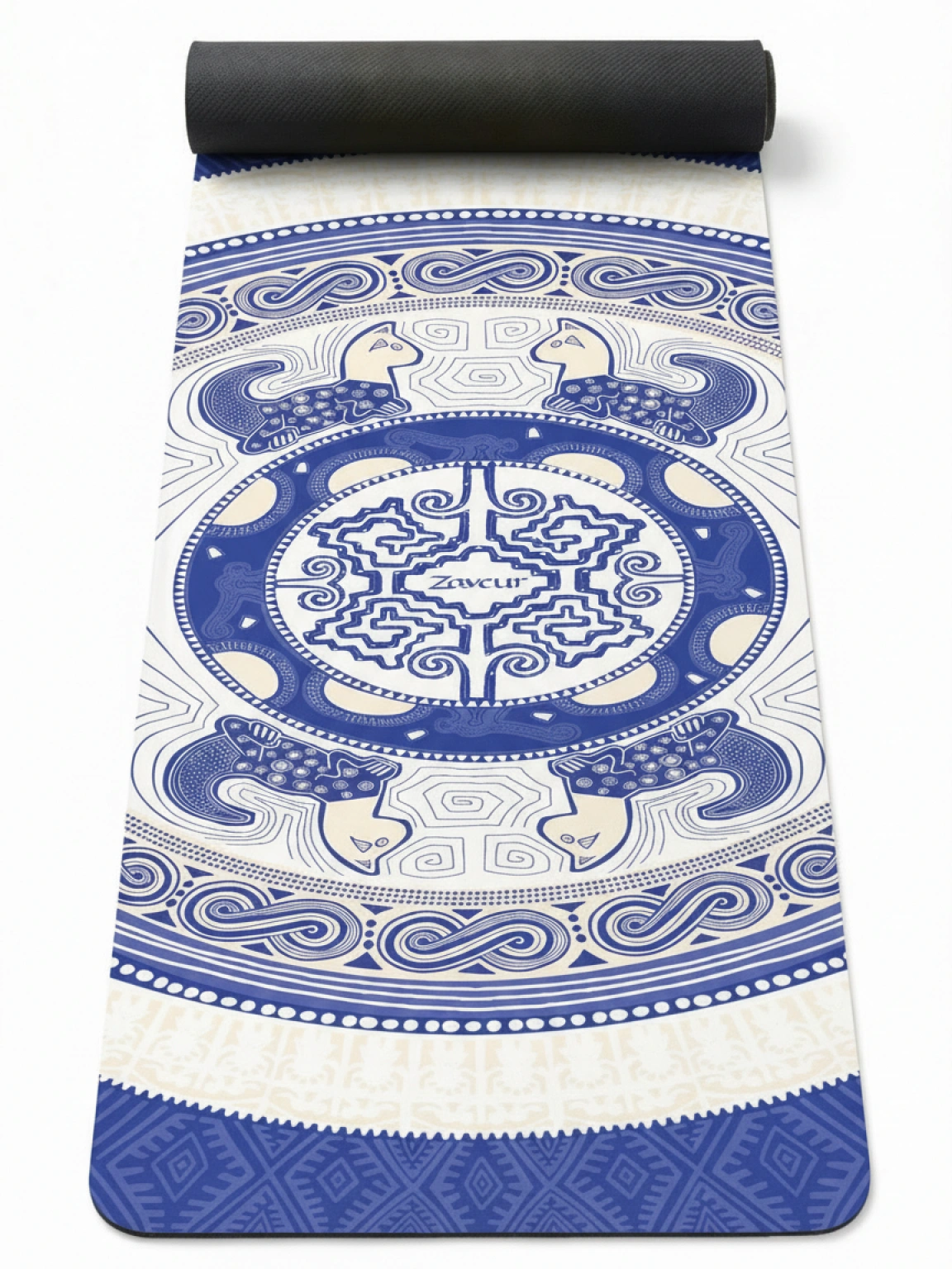 Full-length blue and white yoga mat partially rolled showing crisp mandala design with peacock motifs, yin yang symbol, spiral wave borders, tribal geometric patterns, Zawelu branding, and textured non-slip surface with black backing