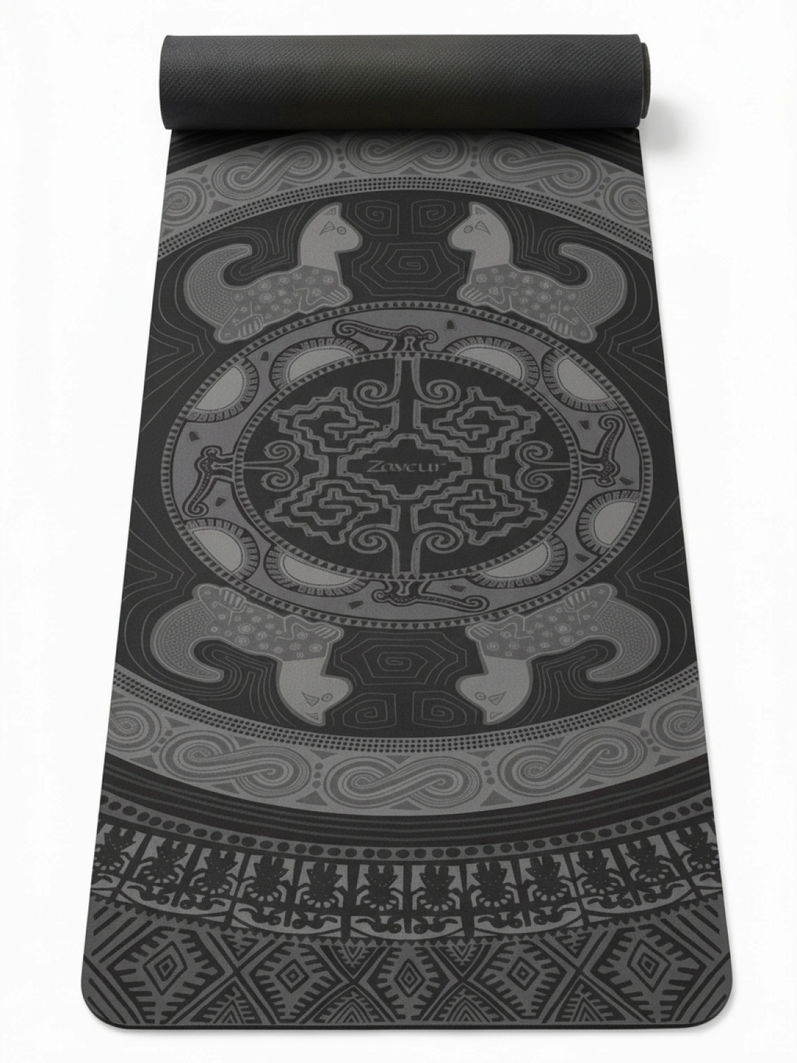 Full-length black and gray yoga mat partially rolled showing monochromatic mandala design with peacock motifs, yin yang symbol, tribal borders, and Zawelu branding on textured non-slip surface