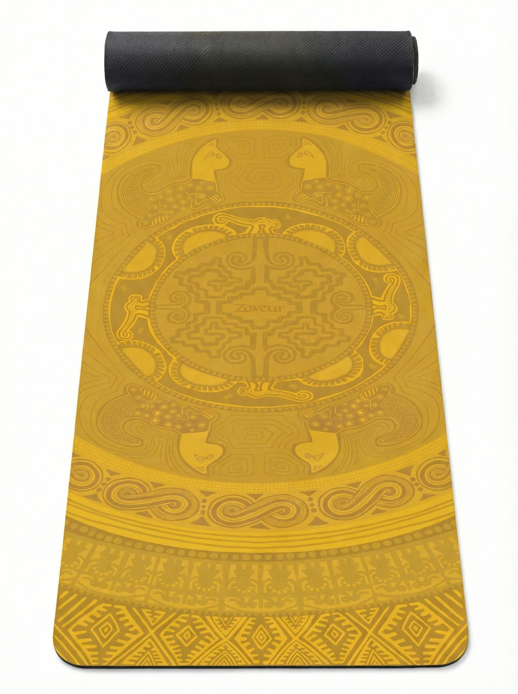 Unrolled mustard yellow yoga mat featuring tone-on-tone mandala medallion with symmetrical peacock birds, sacred geometry, spiral wave borders, tribal design elements, and textured non-slip surface