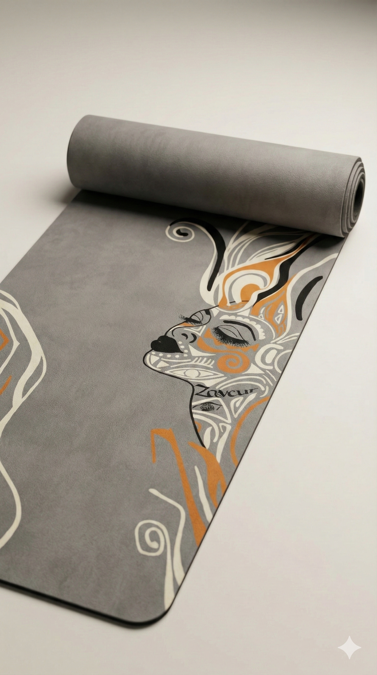 Zaveur gray yoga mat with artistic orange and black face illustration, partially rolled showing design detail
