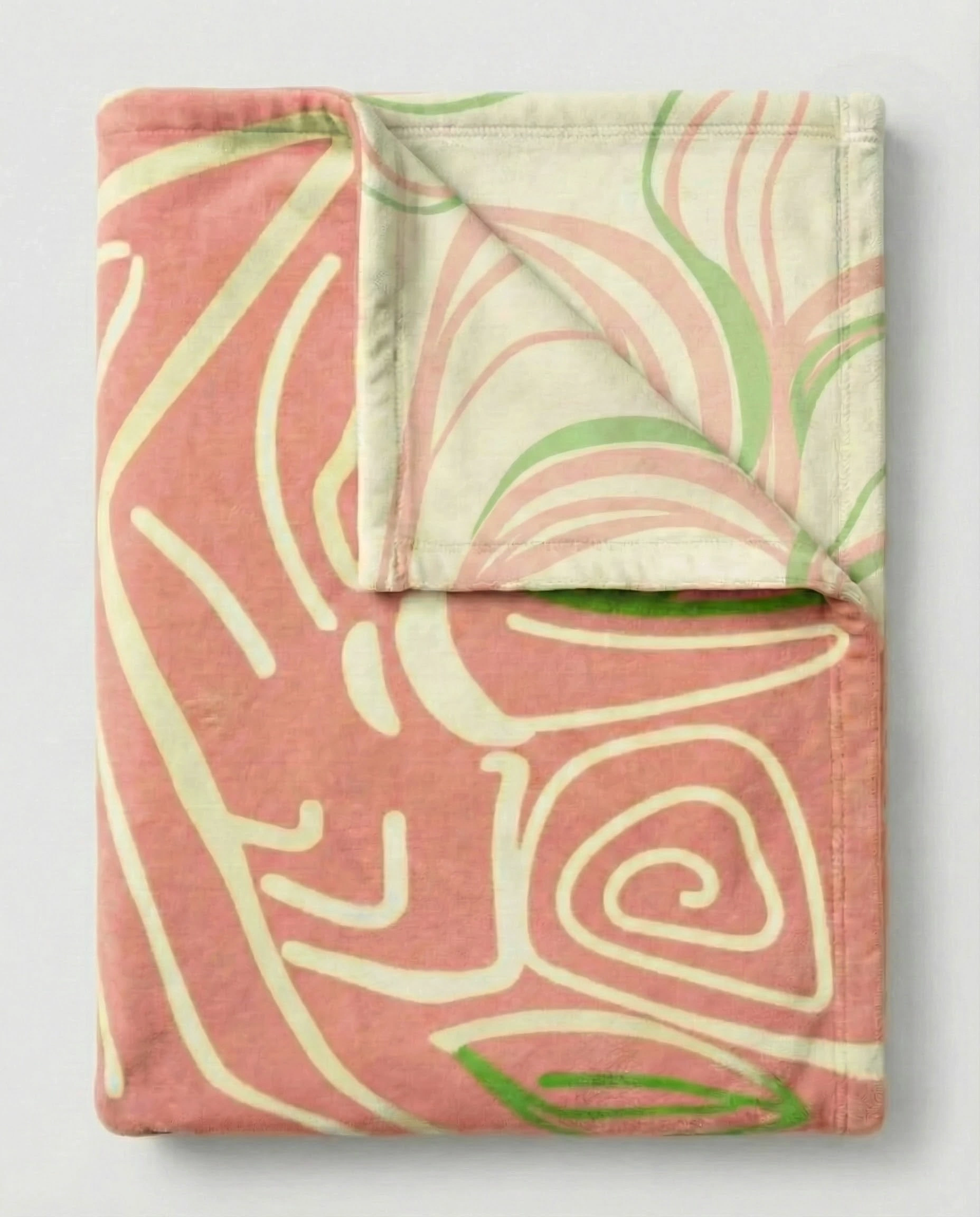 Abstract line art pattern blanket in cream, pink, and green minimalist design
