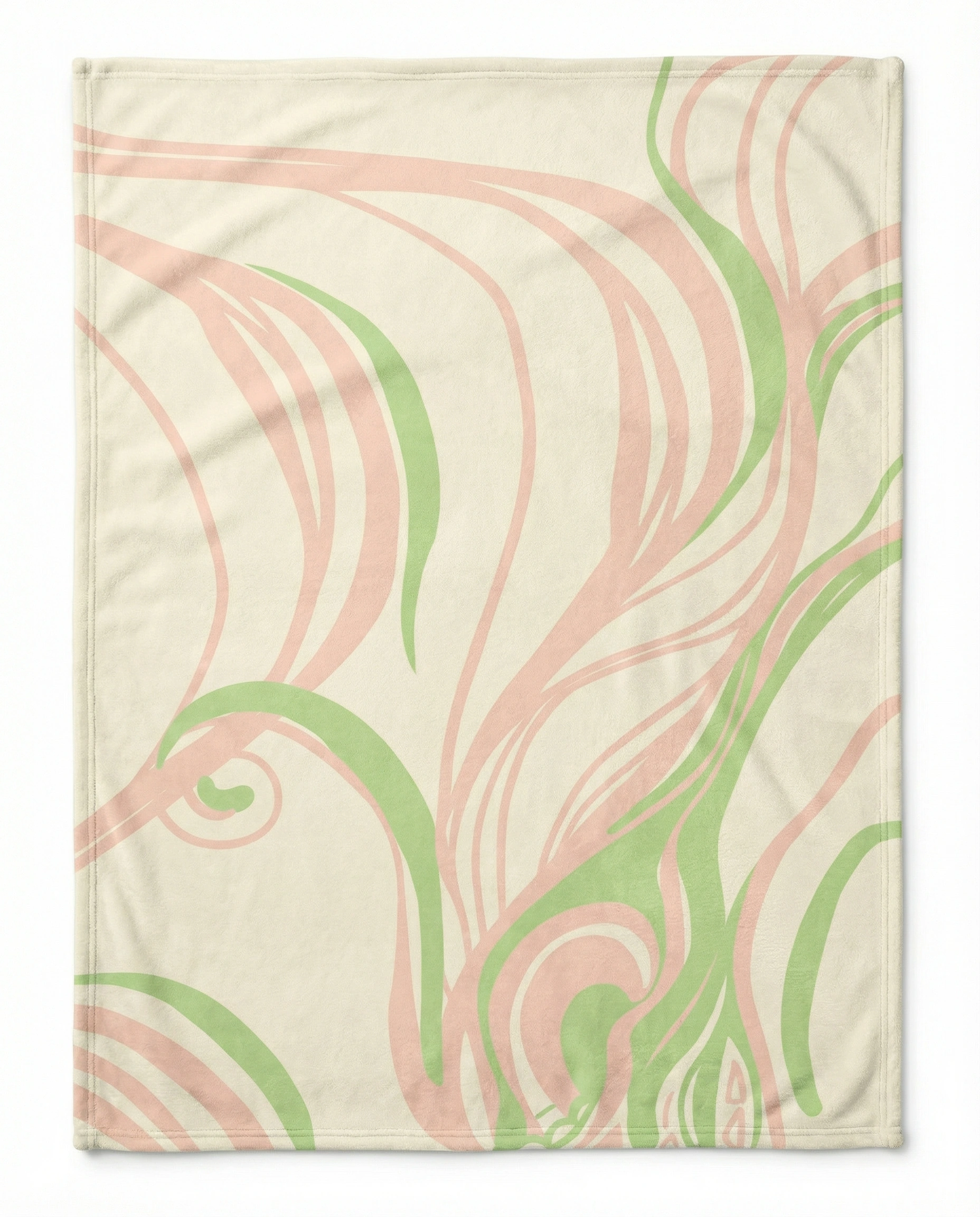 Folded abstract art throw blanket showing pink and white artistic line patterns