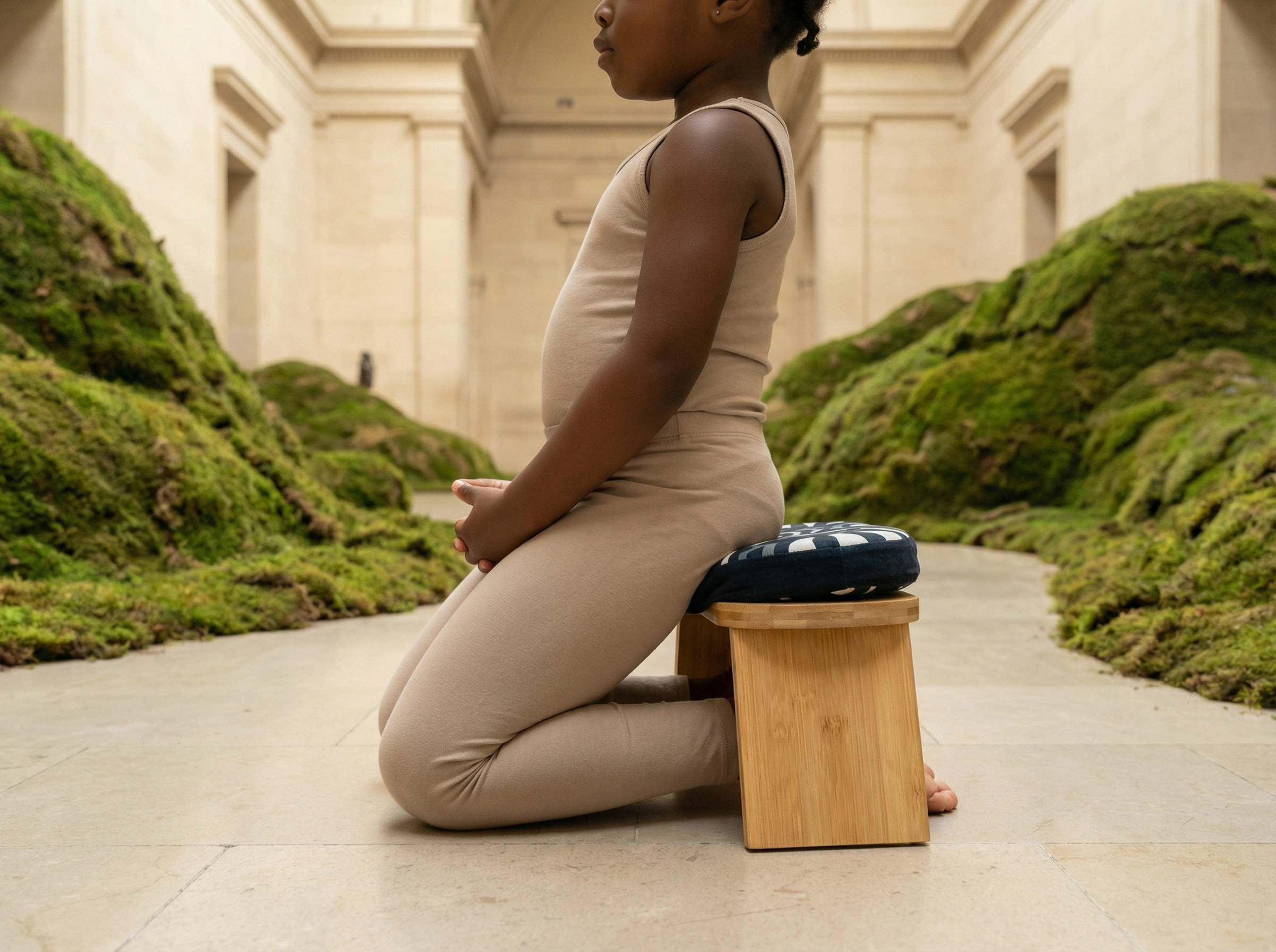 Black yoga meditation bench providing ergonomic kneeling support during practice