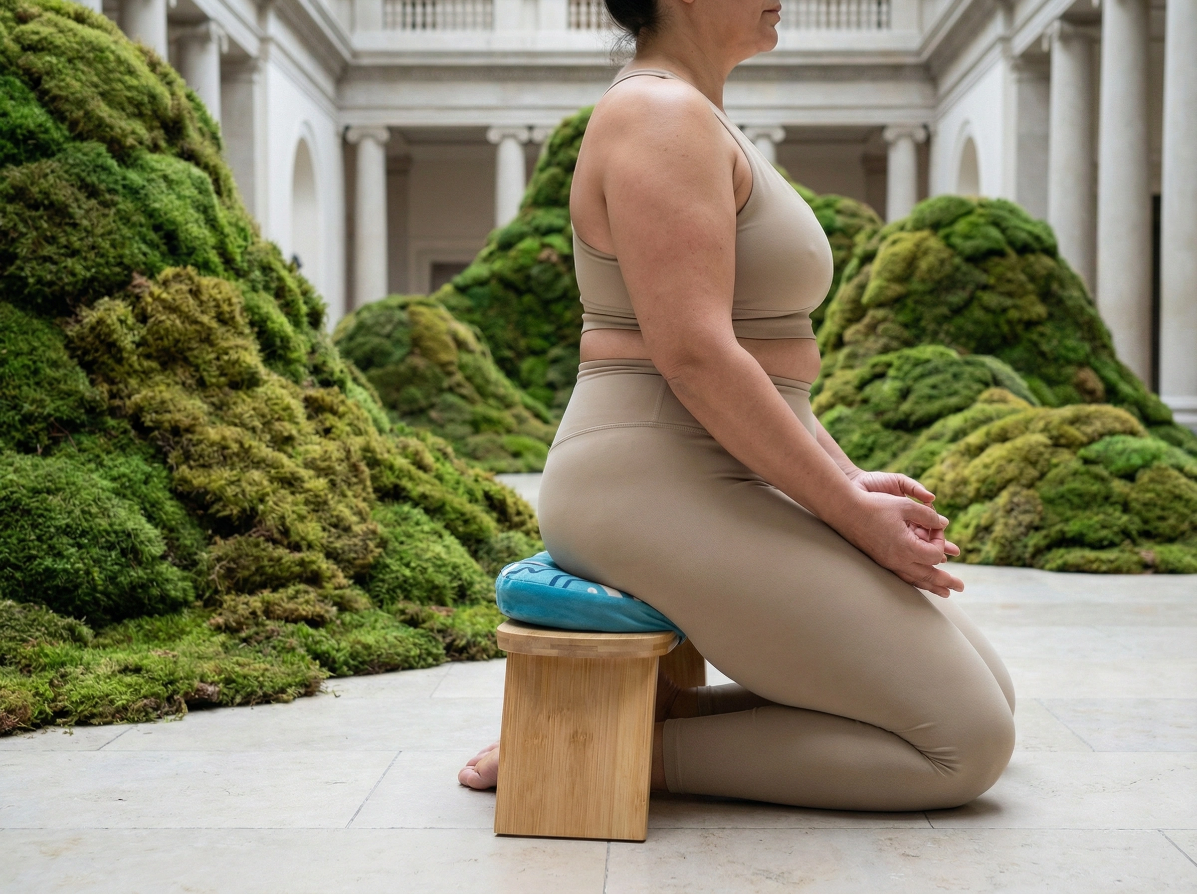 Yoga practitioner performing a supported backbend on a blue meditation bench in a serene studio