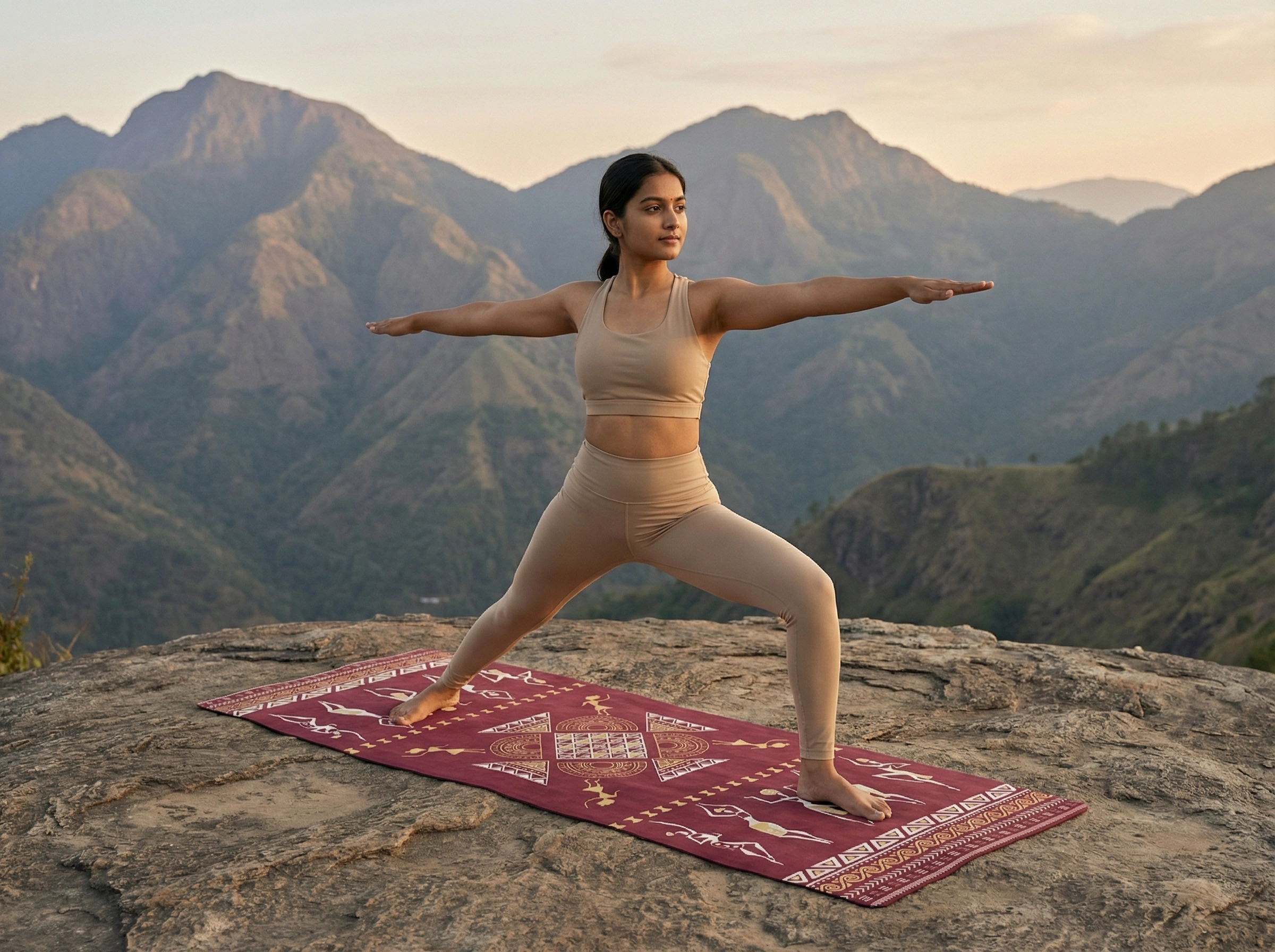 Burgundy yoga mat used for outdoor yoga practice in a mountain landscape