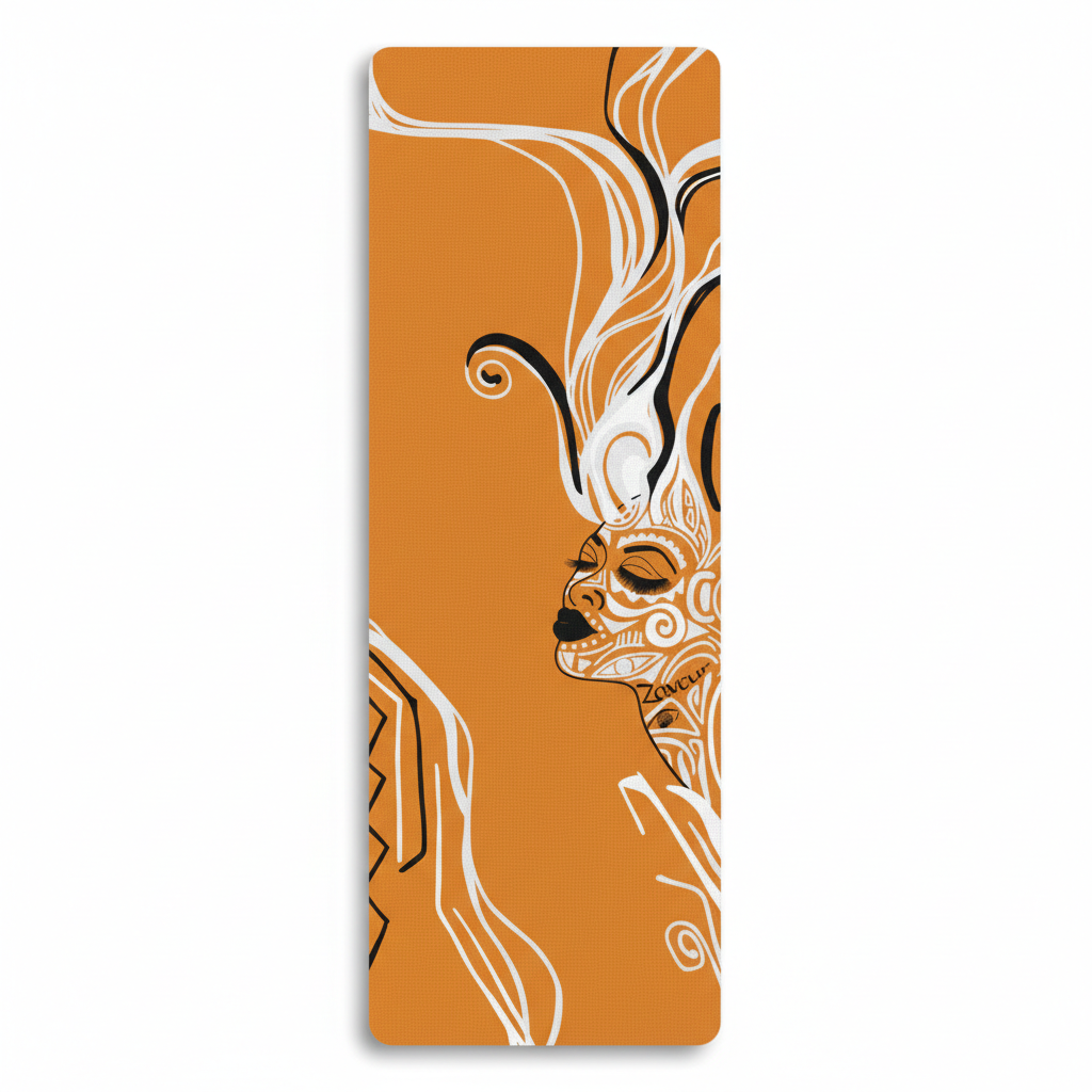 A burnt orange yoga mat showing a minimalist white and black illustration of a woman's profile. The artwork features bold flowing hair lines and geometric facial patterns.