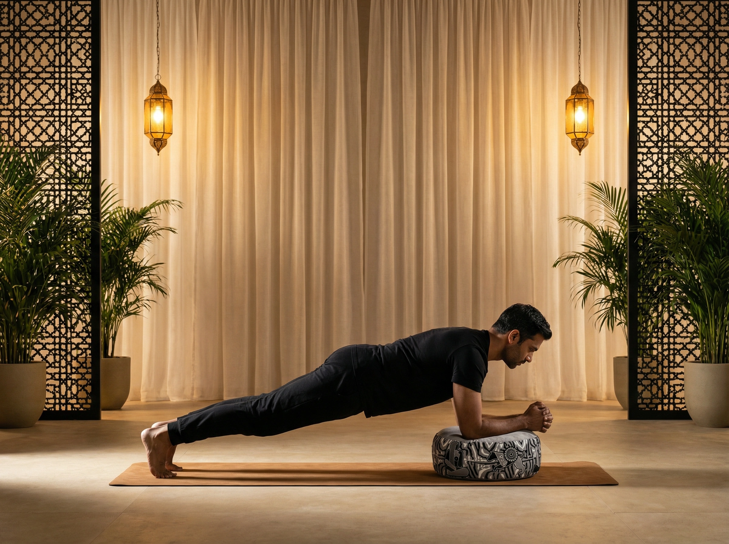 Man performing a forearm plank yoga exercise using a meditation cushion for support in a calm, softly lit yoga studio.