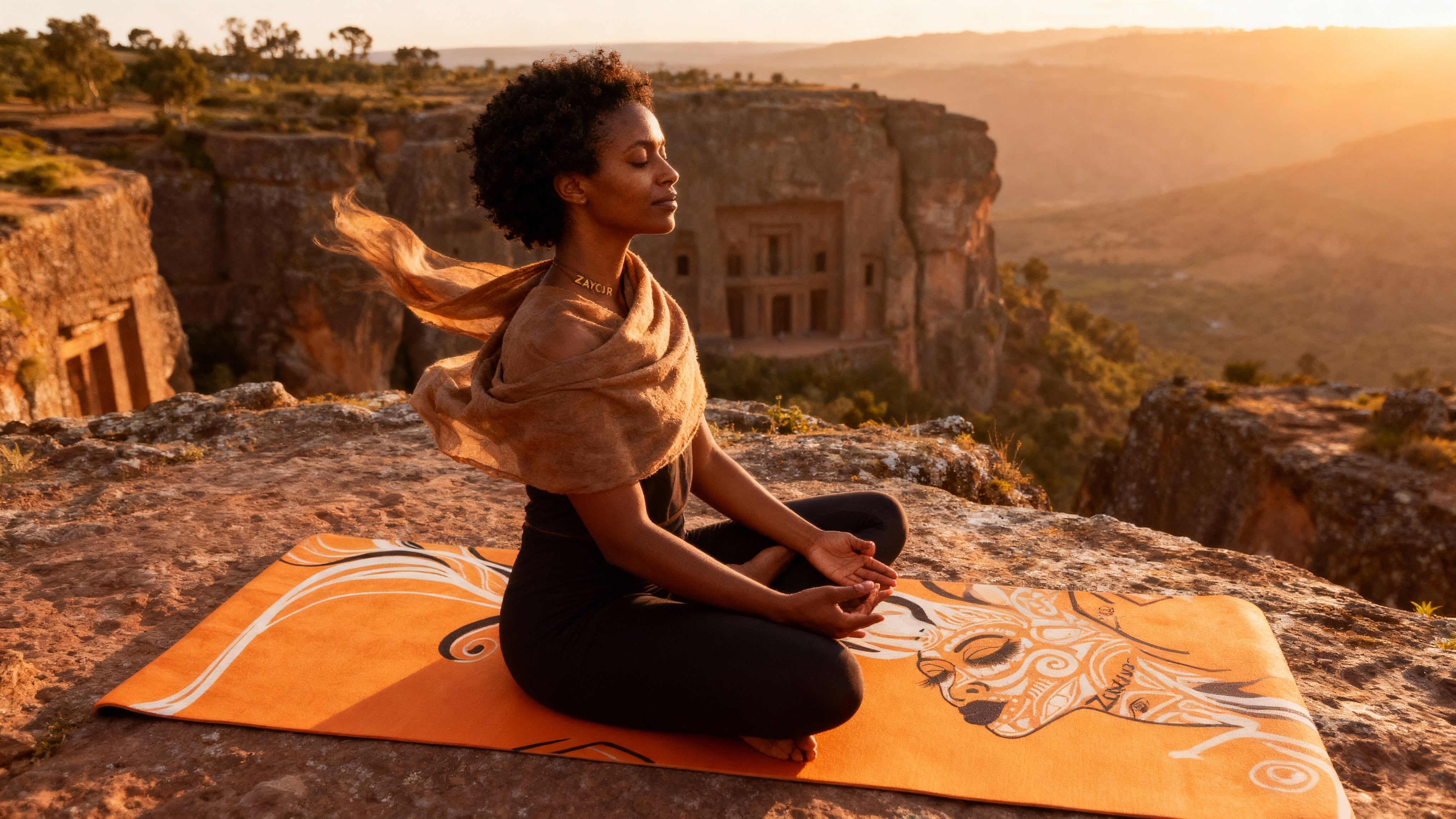 Woman practicing seated meditation on an orange yoga mat at sunset on a cliffside, surrounded by nature and ancient stone architecture.