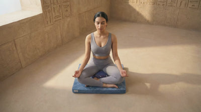 Women practicing group meditation on yoga seat cushions in a serene seaside cave, promoting mindfulness and wellness