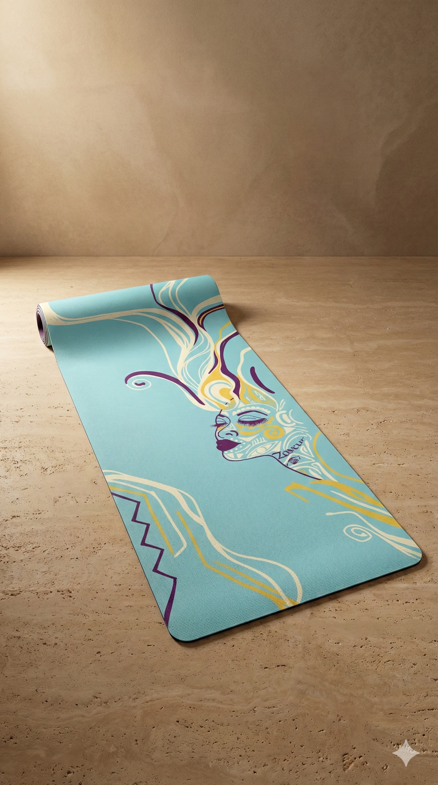 Modern yoga mat mockup displayed on a neutral indoor floor with abstract artwork, suitable for fitness brands, yoga studios, and eCommerce stores.