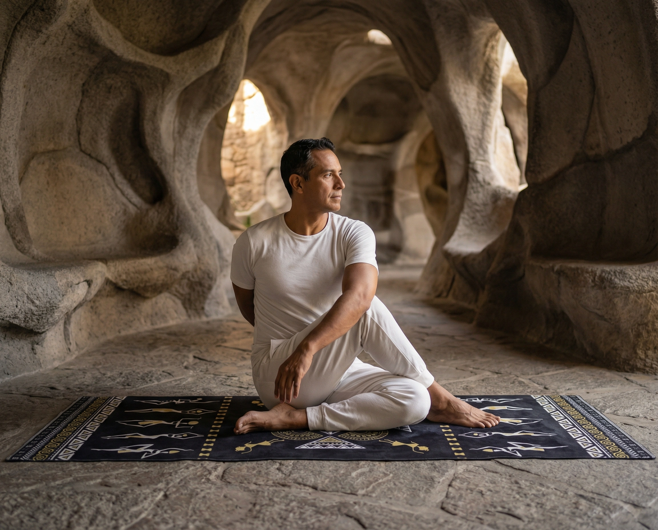 Man performing seated spinal twist yoga pose on patterned mat inside ancient stone archway corridor