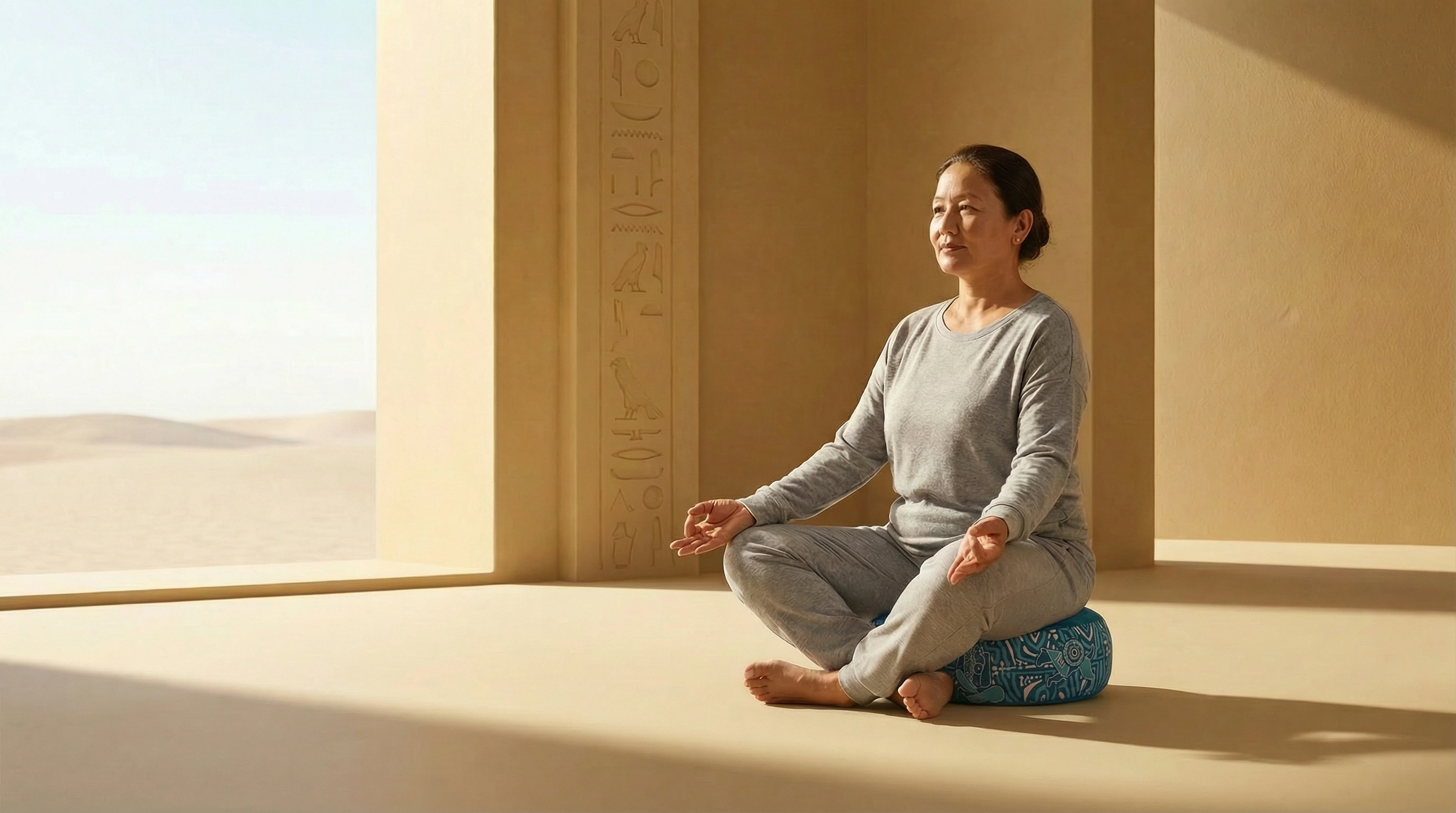 Senior woman practicing mindfulness meditation while seated on a meditation cushion in a calm desert-inspired wellness space.