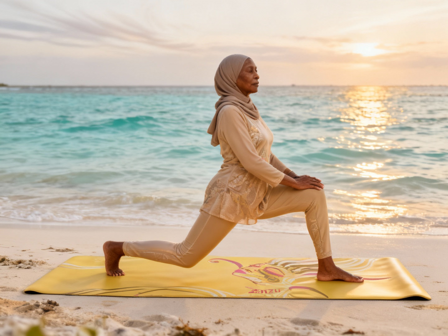 Senior woman performing a yoga lunge on a yellow yoga mat on an oceanfront terrace, promoting flexibility and wellness.