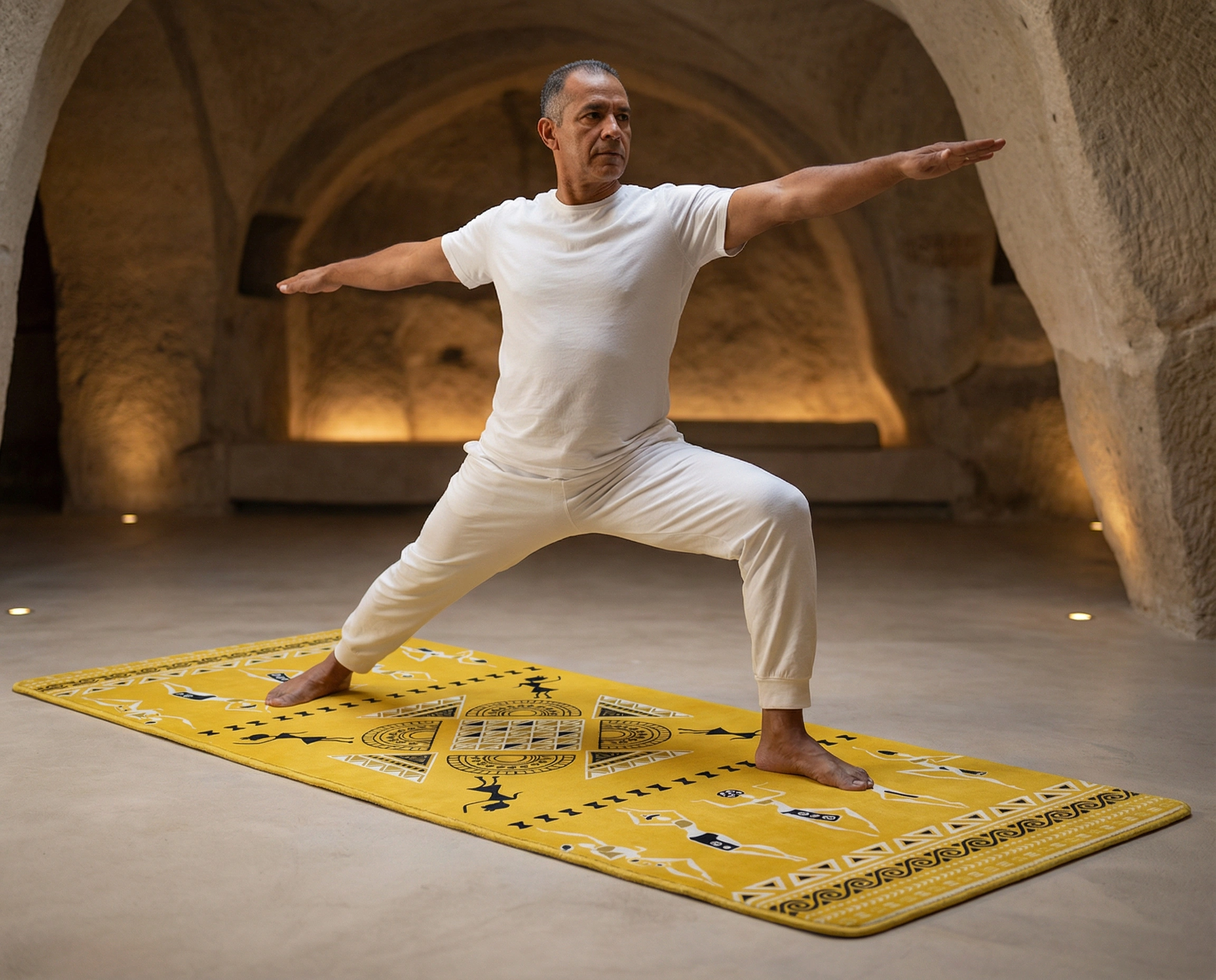 Man practicing warrior II yoga pose on yellow patterned mat in illuminated stone archway hallway