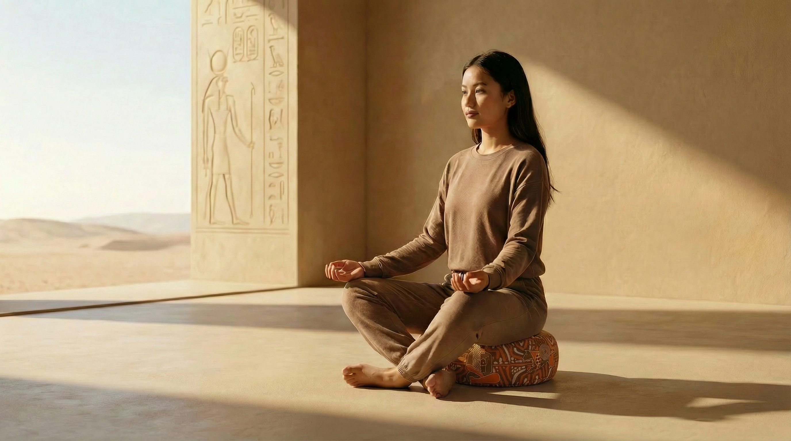 Woman practicing meditation while seated on a cushion in a peaceful desert-inspired wellness interior with natural light.