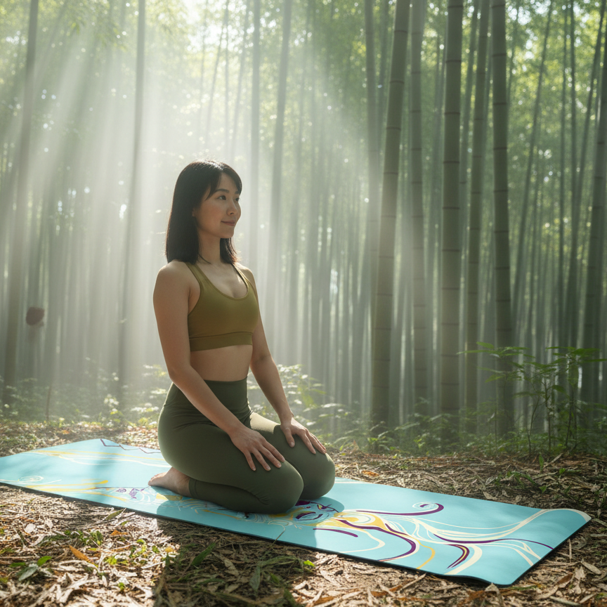 Yoga mat lifestyle mockup showing a peaceful outdoor yoga session on a turquoise mat in a natural forest setting, promoting mindfulness and wellness.