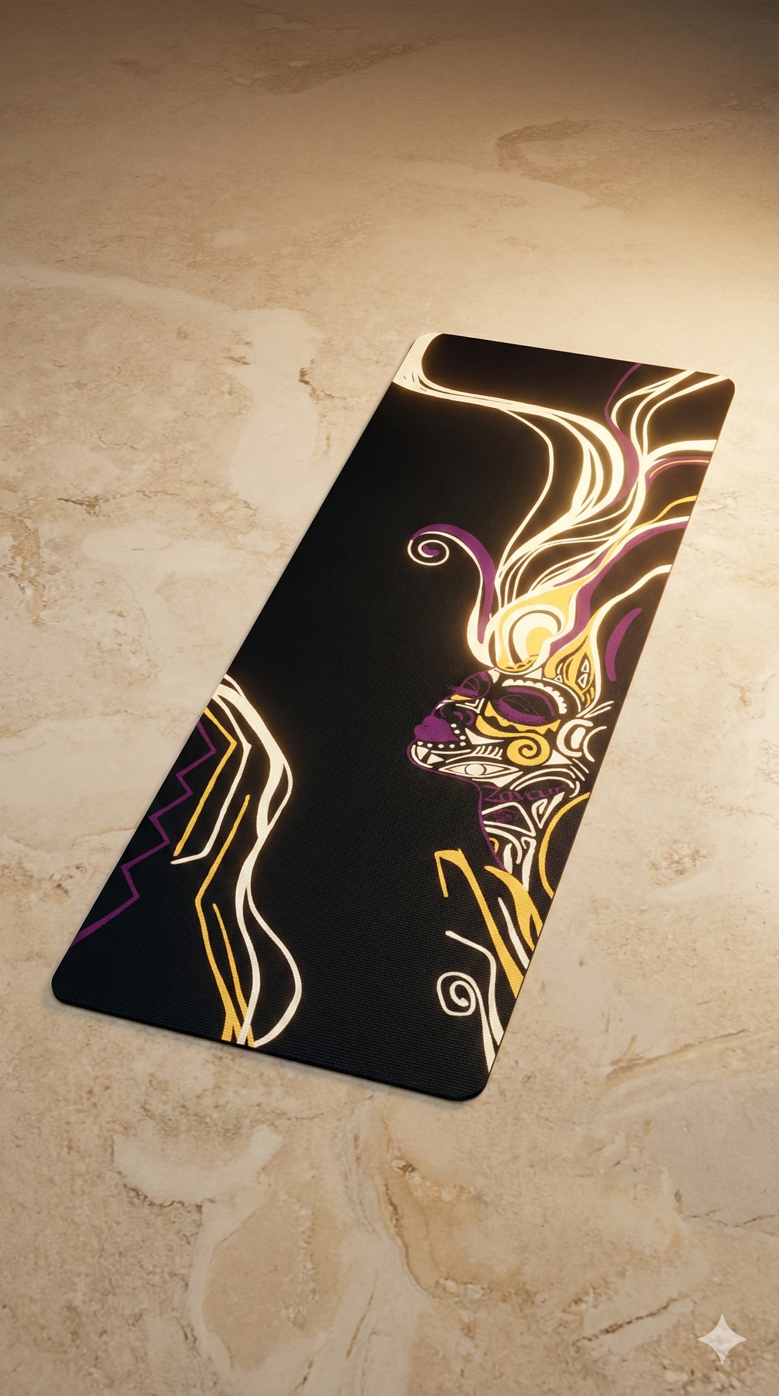 Black yoga mat laid flat on marble floor showing Art Nouveau design with purple, gold, and cream flowing decorative patterns and geometric accents