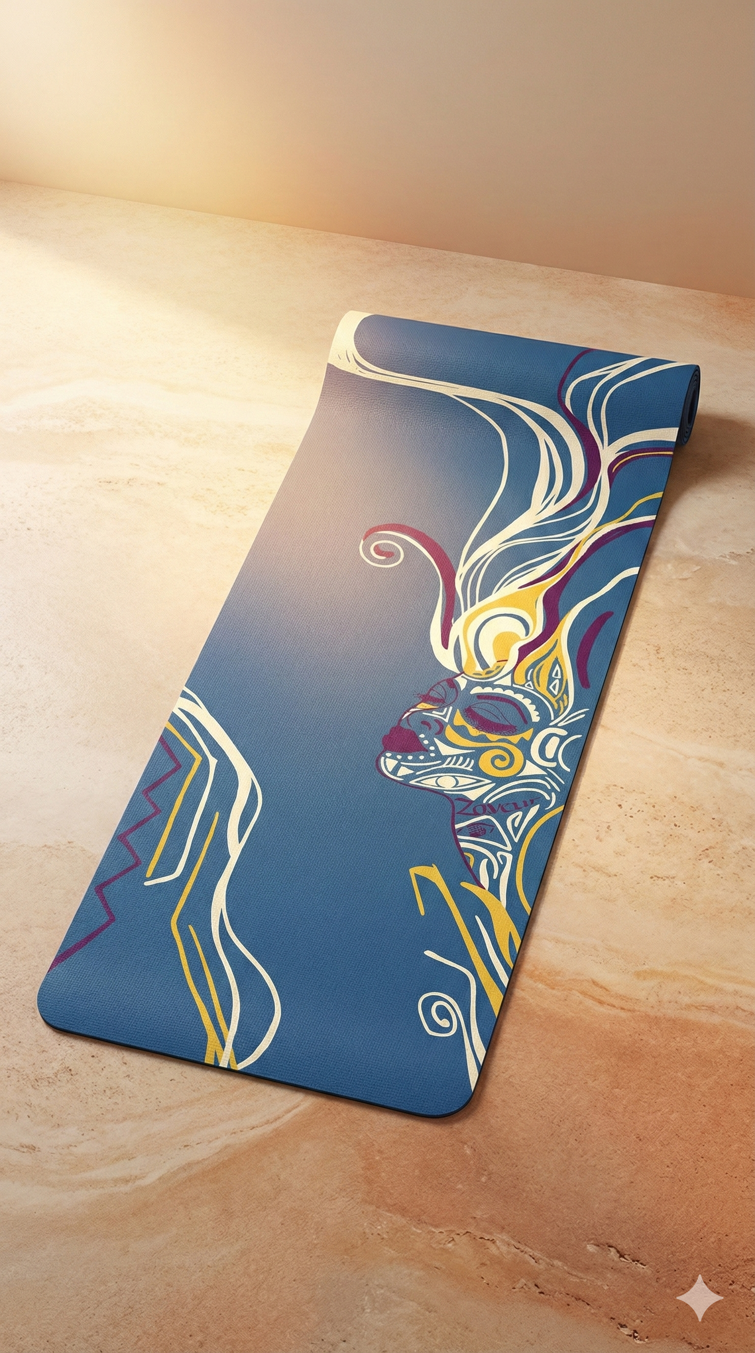 Zaveur blue non-slip yoga mat with burgundy yellow and cream artistic face pattern, rolled to show detail