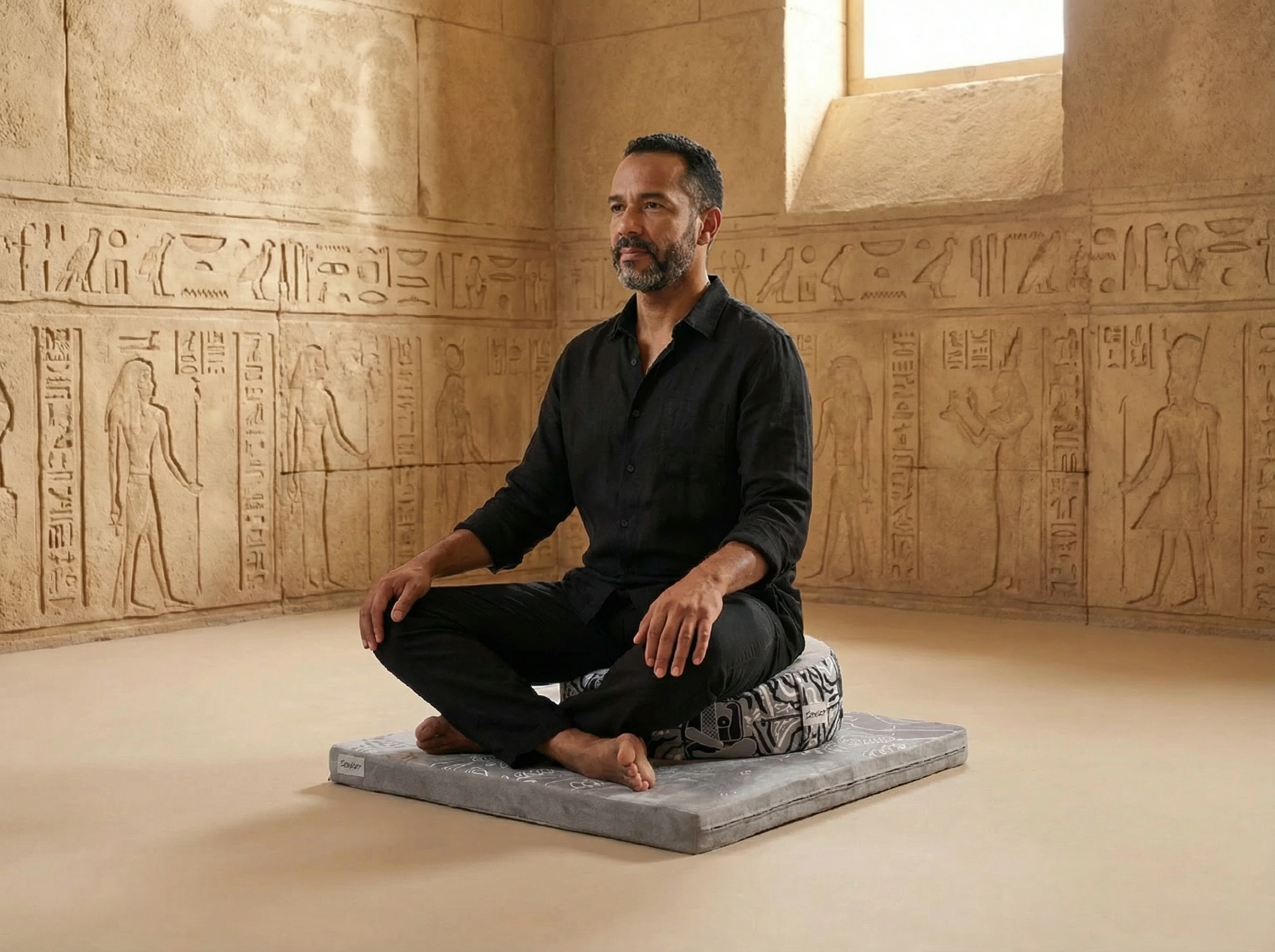 Man meditating on gray and white meditation cushion with matching floor mat indoors, practicing mindfulness and seated yoga with posture support by Zaveur