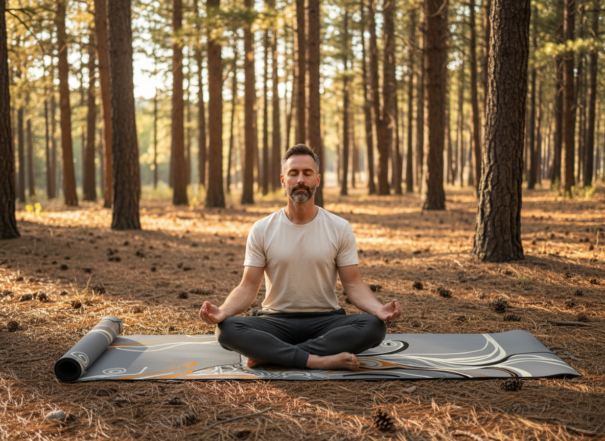 Man meditating in lotus pose on Zaveur gray non-slip yoga mat in sunlit pine forest