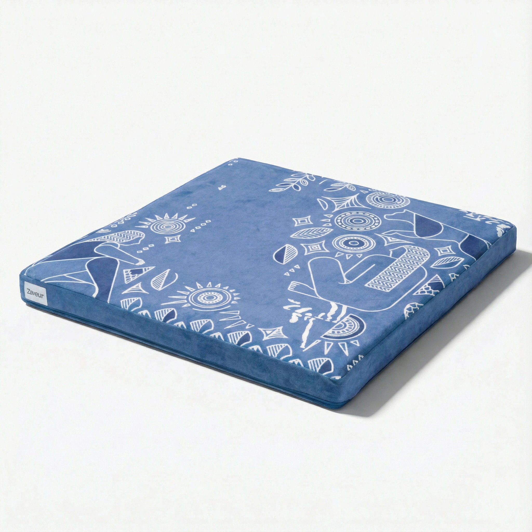 Navy blue meditation floor mat with white patterned design for yoga, mindfulness, and seated comfort by Zaveur