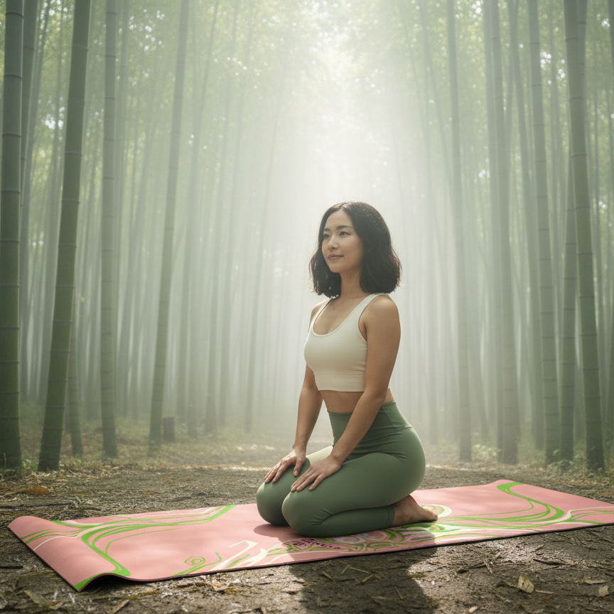 Person practicing outdoor yoga and meditation on a yoga mat in a natural setting, focusing on mindfulness, balance, and relaxation.