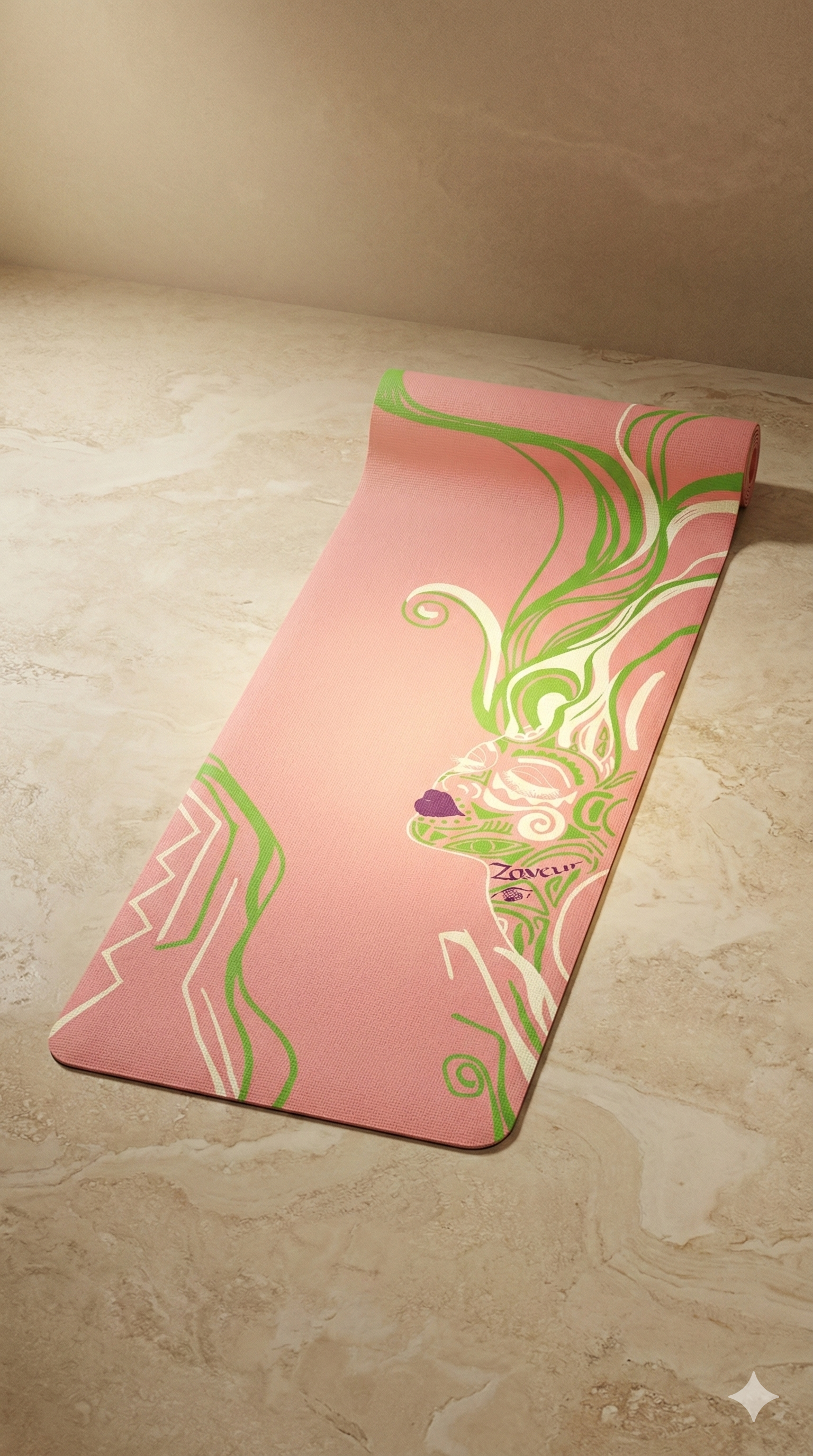 
Zaveur premium pink yoga mat with green swirl design laid flat on studio floor showing full non-slip surface