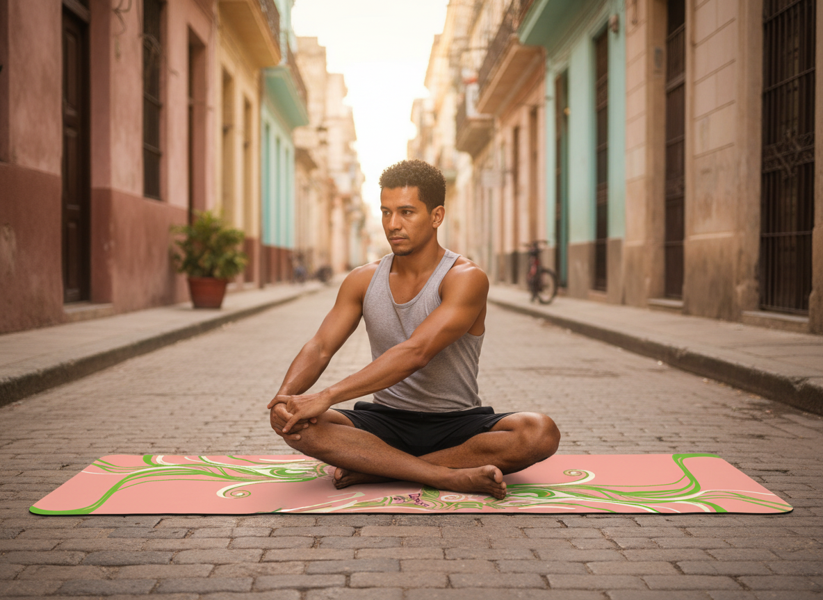 Man meditating on Zaveur pink yoga mat with green swirl design on cobblestone street in colorful neighborhood