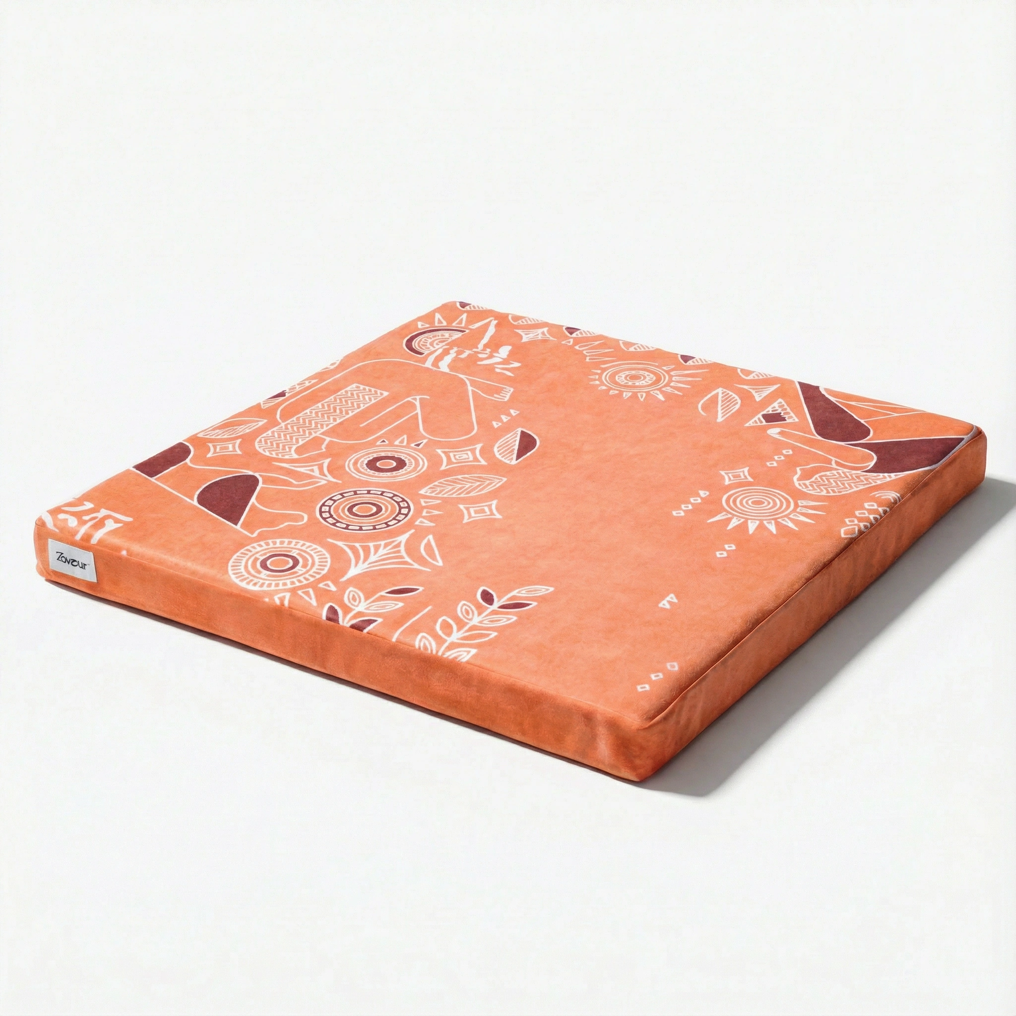 Terracotta orange meditation floor mat with geometric pattern for yoga, mindfulness, and ergonomic seated support by Zaveur